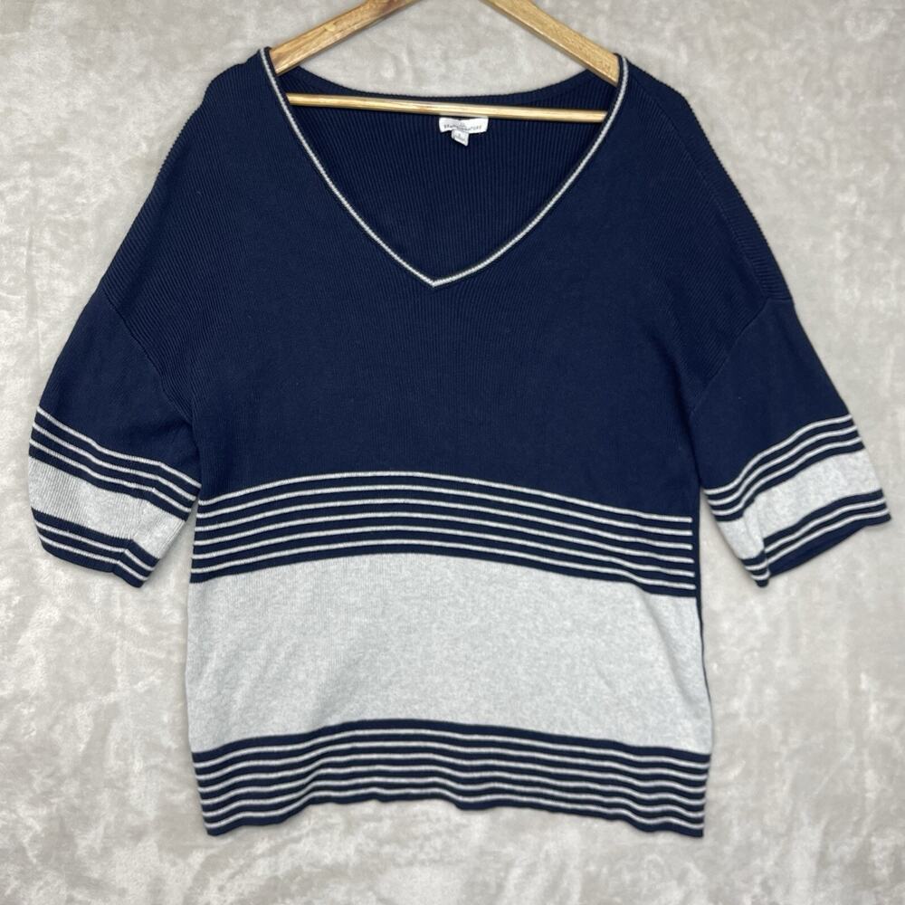 Vtg LL Bean Signature Striped V Neck Cotton Sweater Breton Nautical Stripe